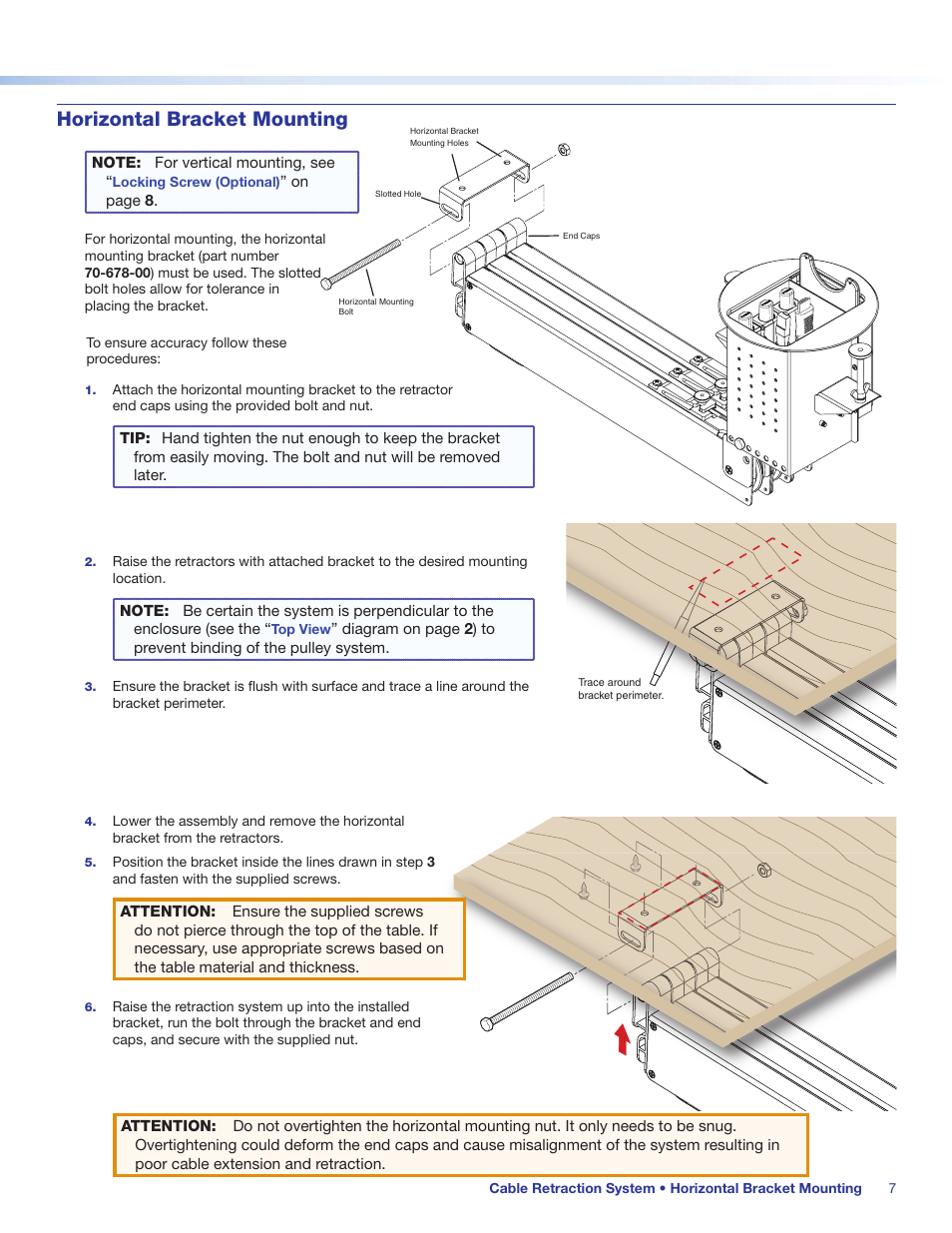 Horizontal bracket mounting, Product category | Extron Electronics Cable Retraction System Setup Guide User Manual | Page 7 / 10