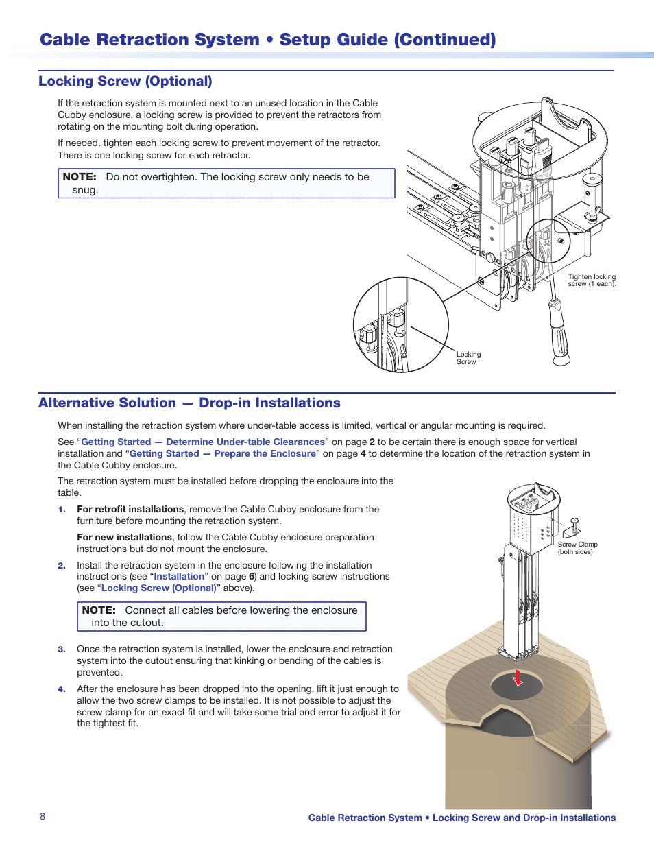 Cable retraction system • setup guide (continued), Alternative solution — drop-in installations, Locking screw (optional) | Extron Electronics Cable Retraction System Setup Guide User Manual | Page 8 / 10