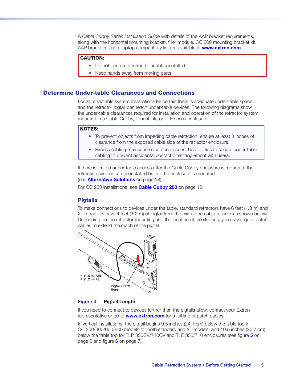 Determine under-table clearances and connections, Determine under-table clearances and, Connections | Extron Electronics Cable Retraction System User Guide User Manual | Page 11 / 36