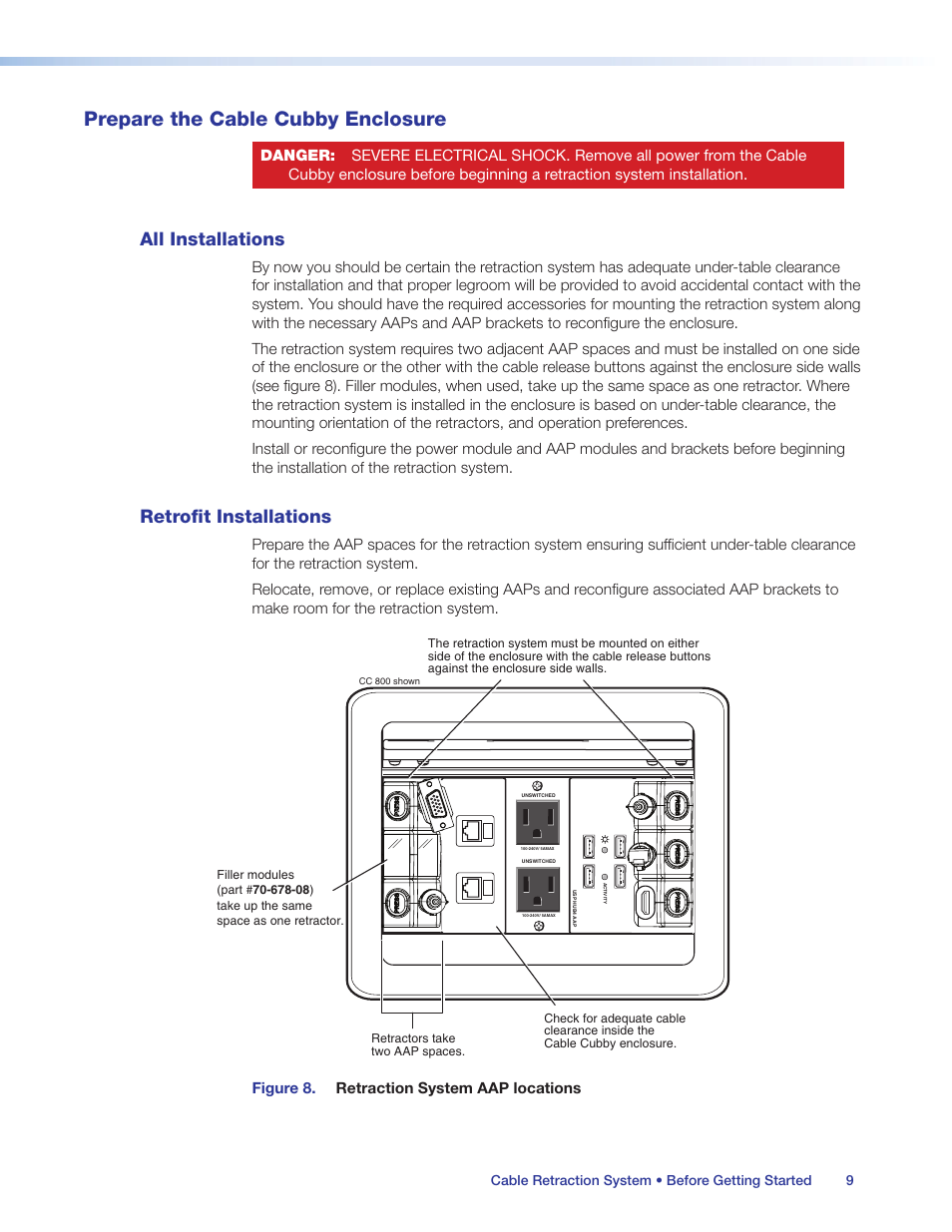 Prepare the cable cubby enclosure, All installations, Retrofit installations | All installations retrofit installations | Extron Electronics Cable Retraction System User Guide User Manual | Page 15 / 36