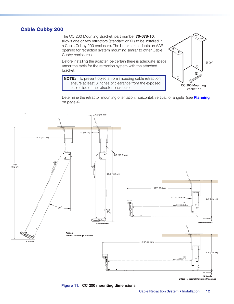 Cable cubby 200, For cc 200 installations, see, Cable retraction system • installation 12 | Extron Electronics Cable Retraction System User Guide User Manual | Page 18 / 36