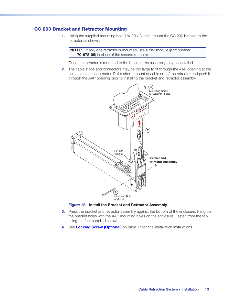 Cc 200 bracket and retractor mounting, E (see, Cc 200 bracket and | Retractor mounting | Extron Electronics Cable Retraction System User Guide User Manual | Page 19 / 36