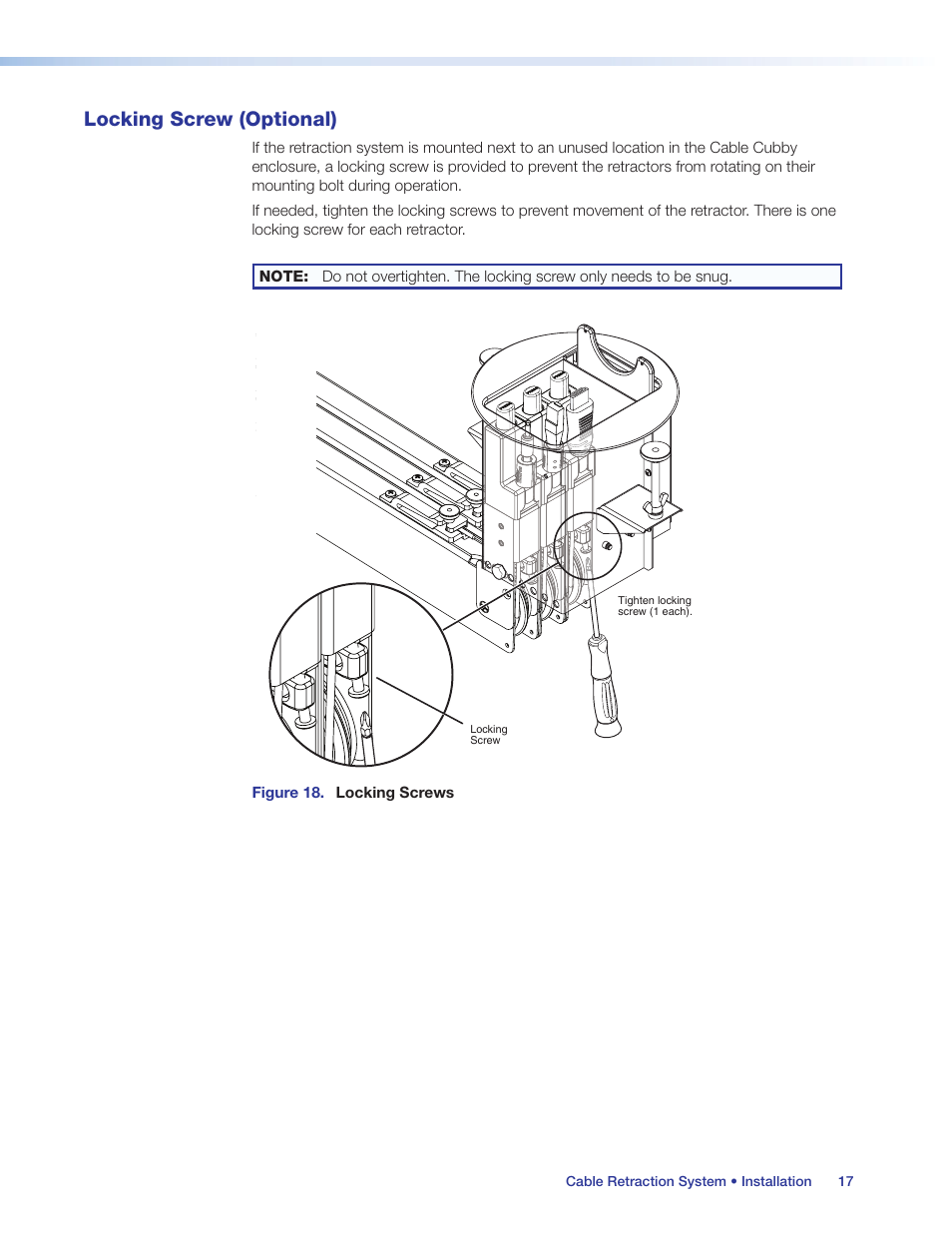 Locking screw (optional), For vertical and angular mounting, see | Extron Electronics Cable Retraction System User Guide User Manual | Page 23 / 36