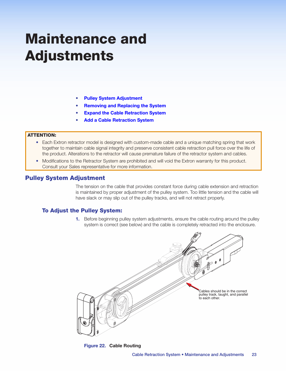 Maintenance and adjustments, Pulley system adjustment, To adjust the pulley system | Ound the pulleys (see figure, Oceed to, Pulley system, Adjustment | Extron Electronics Cable Retraction System User Guide User Manual | Page 29 / 36