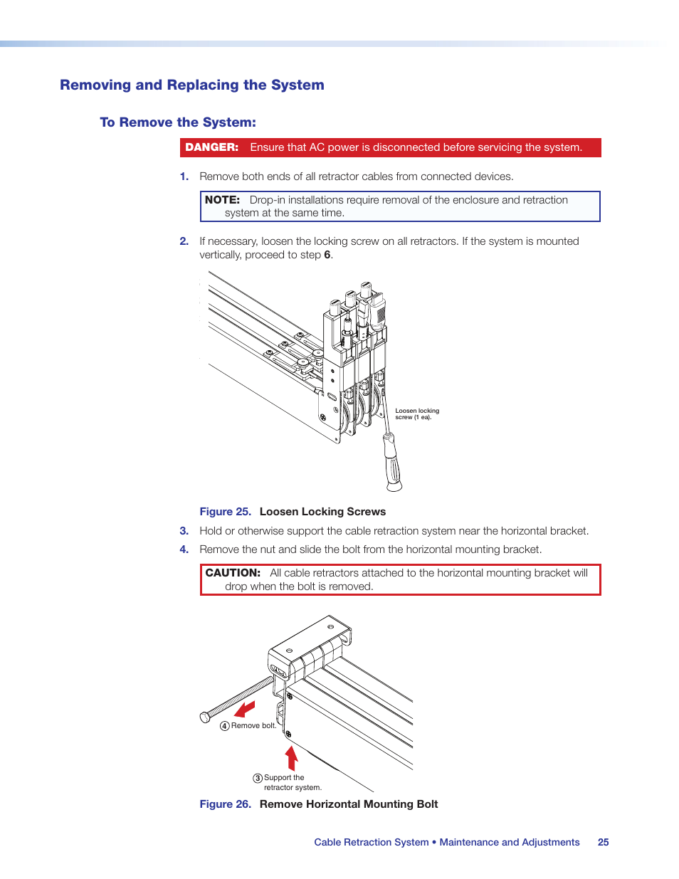 Removing and replacing the system, To remove the system | Extron Electronics Cable Retraction System User Guide User Manual | Page 31 / 36