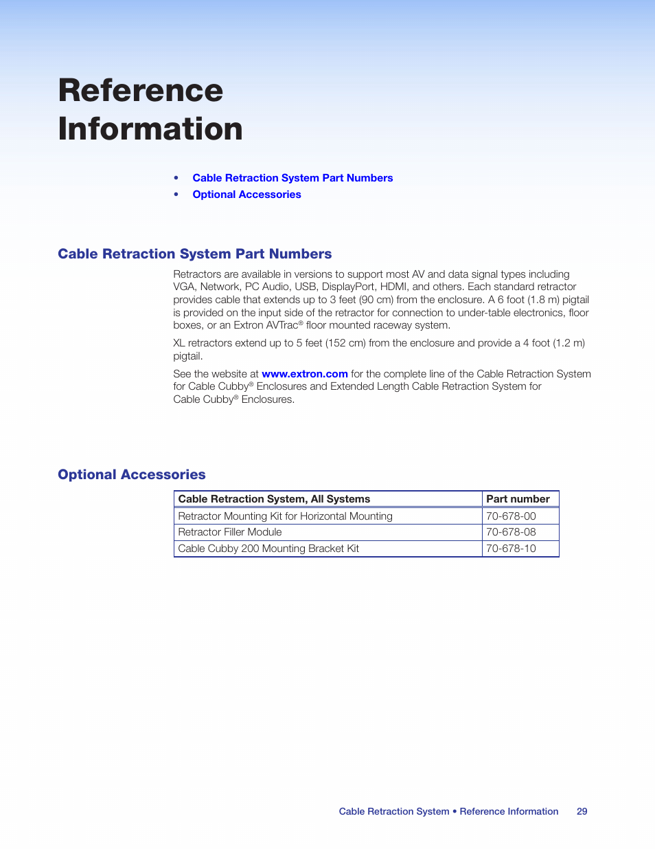 Reference information, Cable retraction system part numbers, Optional accessories | Ed (see, Space (see, The cc 200 bracket kit (see, Optional, Accessories | Extron Electronics Cable Retraction System User Guide User Manual | Page 35 / 36