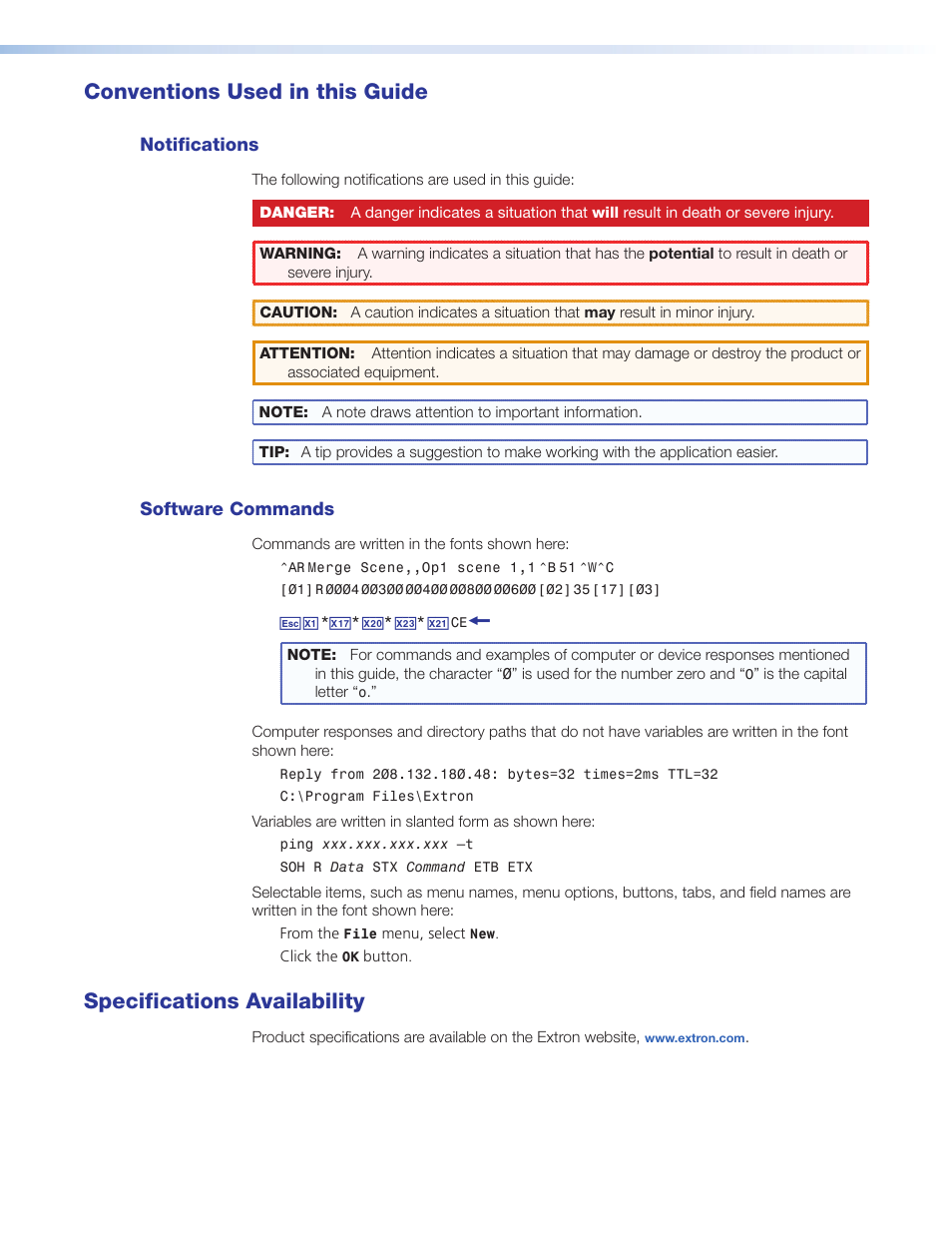 Conventions used in this guide, Specifications availability | Extron Electronics Cable Retraction System User Guide User Manual | Page 4 / 36