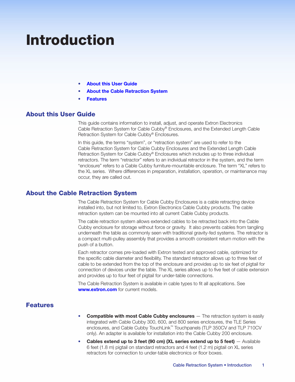 Introduction, About this user guide, About the cable retraction system | Features | Extron Electronics Cable Retraction System User Guide User Manual | Page 7 / 36