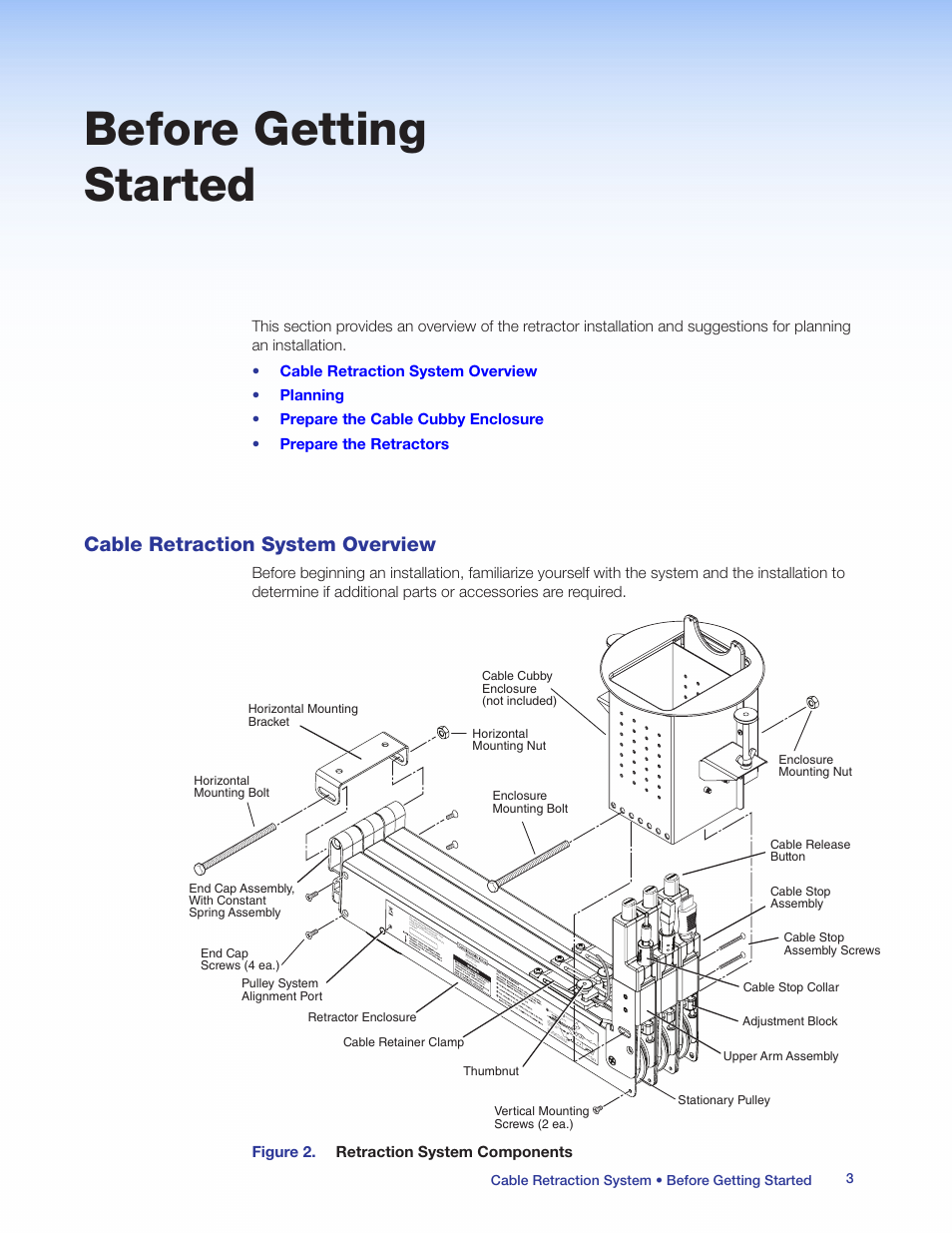 Before getting started, Cable retraction system overview, Figure 2. retraction system components | Cable retraction system • before getting started 3, Extron cable retraction system | Extron Electronics Cable Retraction System User Guide User Manual | Page 9 / 36