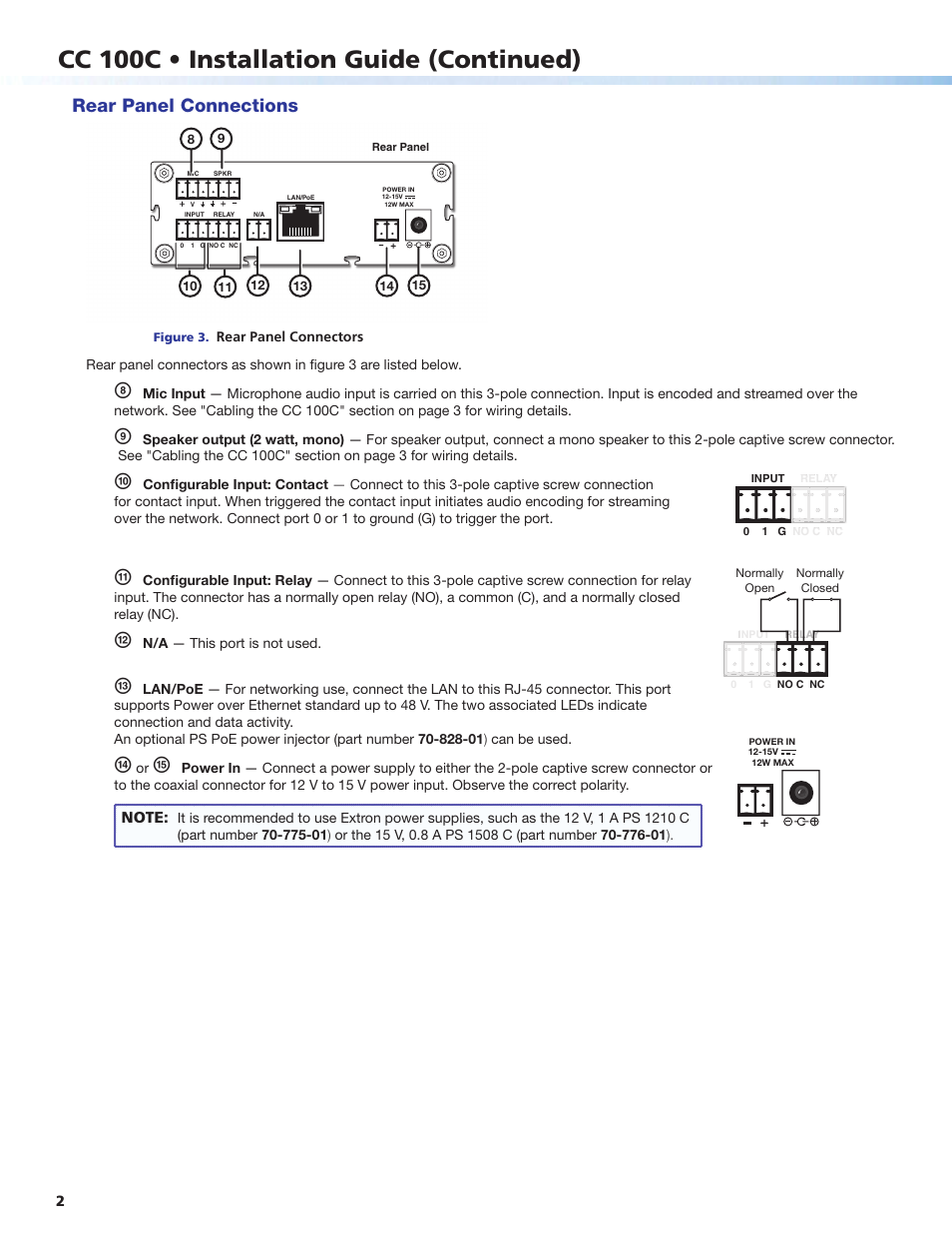 Cc 100c • installation guide (continued), Rear panel connections | Extron Electronics CC 100C User Manual | Page 2 / 4
