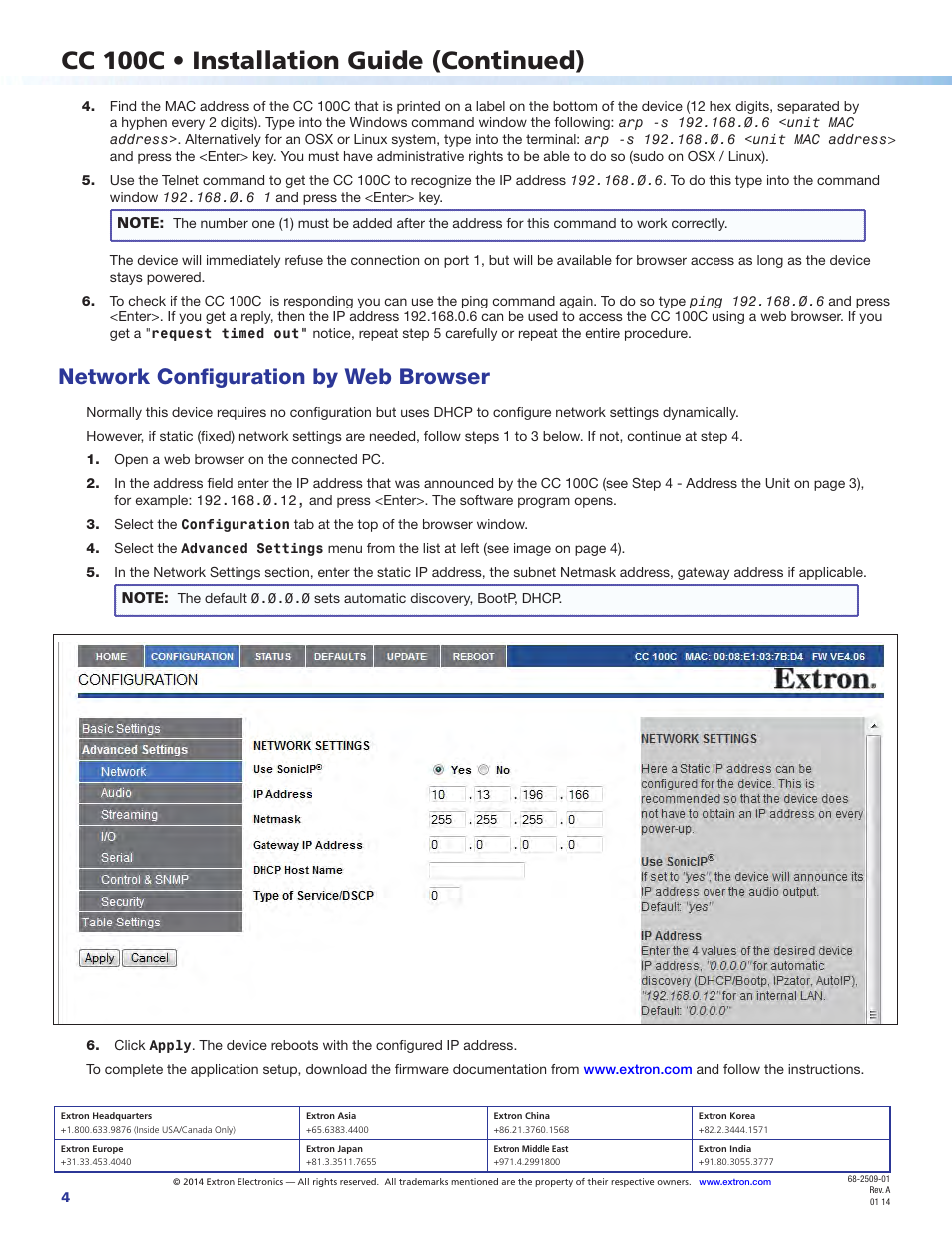 Cc 100c • installation guide (continued), Network configuration by web browser | Extron Electronics CC 100C User Manual | Page 4 / 4