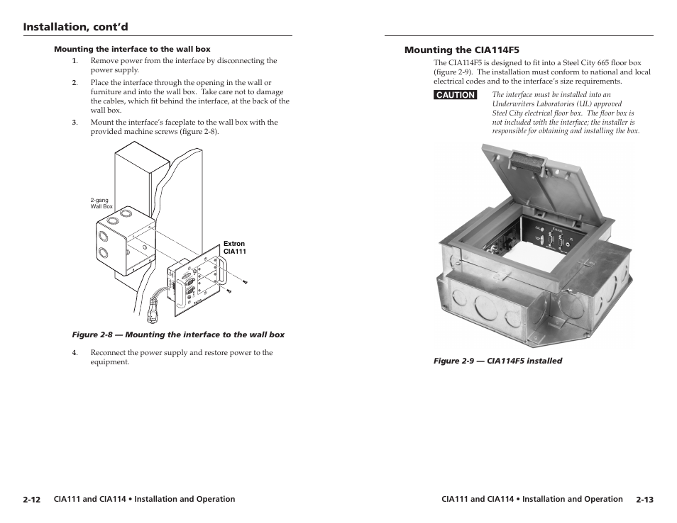 Mounting the interface to the wall box, Mounting the cia114f5, Mounting the interface to the wall box -12 | Mounting the cia114f5 -13 | Extron Electronics CIA114F5 User Manual | Page 12 / 17