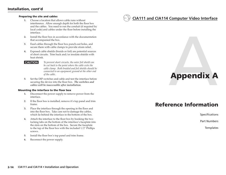 Preparing the site and cables, Mounting the interface to the floor box, Appendix a • reference information | Appendix a, Reference information | Extron Electronics CIA114F5 User Manual | Page 13 / 17