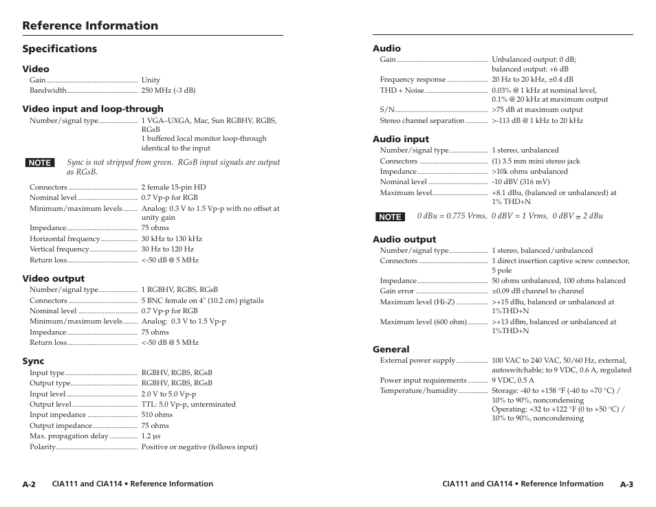 Specifications, Reference information | Extron Electronics CIA114F5 User Manual | Page 14 / 17