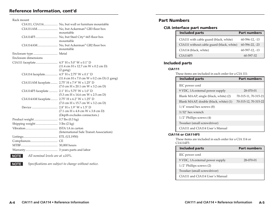 Part numbers, Cia interface part numbers, Included parts | Cia111, Cia114 or cia114f5, Reference information, cont’d | Extron Electronics CIA114F5 User Manual | Page 15 / 17