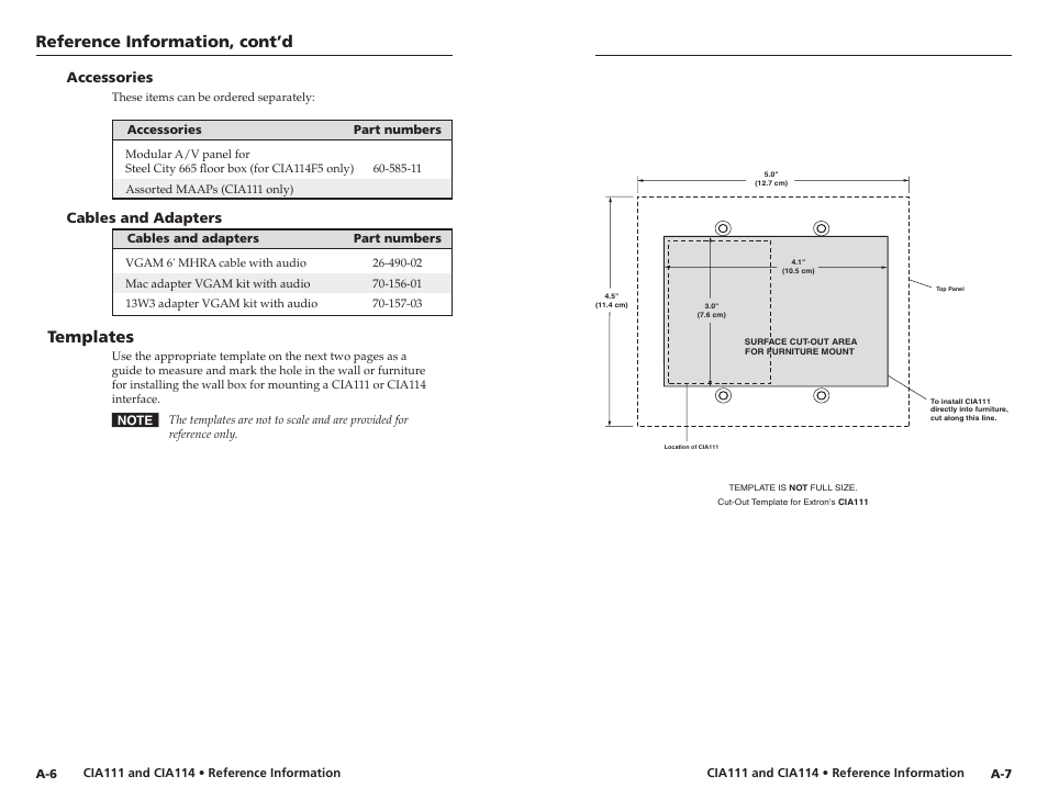 Accessories, Cables and adapters, Templates | Reference information, cont’d | Extron Electronics CIA114F5 User Manual | Page 16 / 17