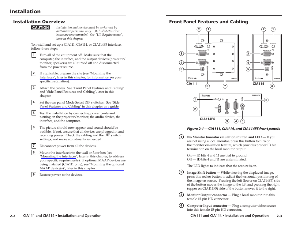 Installation overview, Front panel features and cabling, Installation | Extron Electronics CIA114F5 User Manual | Page 7 / 17