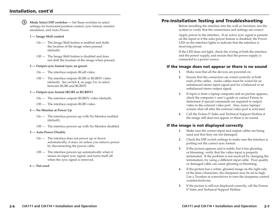 Pre-installation testing and troubleshooting, If the image does not appear or there is no sound, If the image is not displayed correctly | Installation, cont’d | Extron Electronics CIA114F5 User Manual | Page 9 / 17