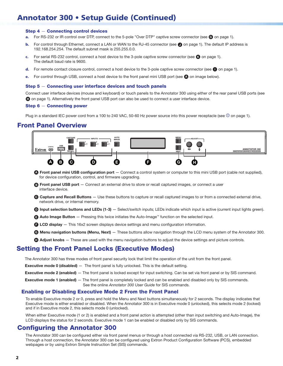 Annotator 300 • setup guide (continued), Front panel overview, Setting the front panel locks (executive modes) | Configuring the annotator 300 | Extron Electronics Annotator 300 User Manual | Page 2 / 4