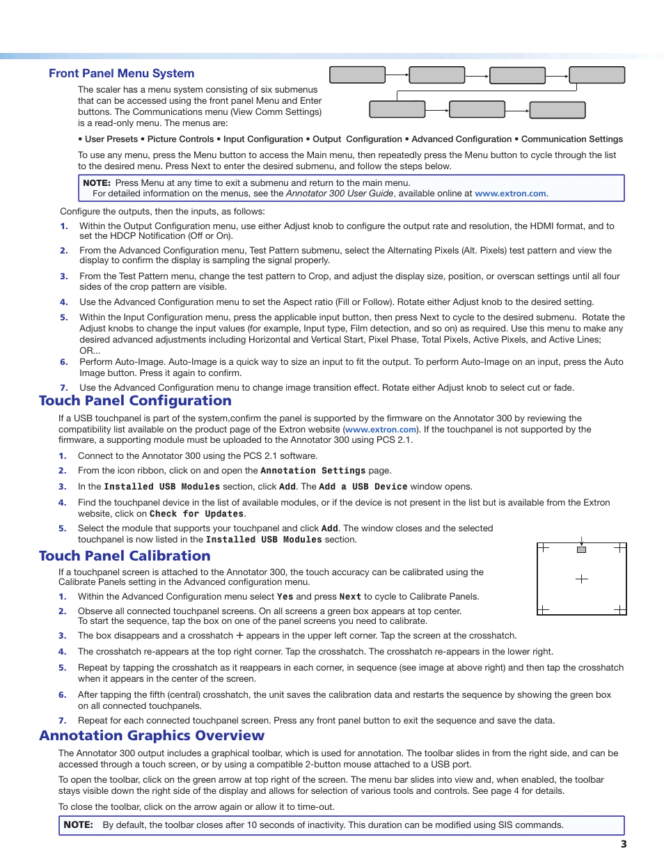 Touch panel configuration, Touch panel calibration, Annotation graphics overview | Front panel menu system | Extron Electronics Annotator 300 User Manual | Page 3 / 4