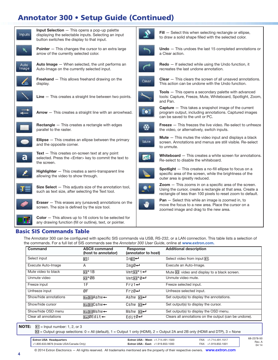 Annotator 300 • setup guide (continued), Basic sis commands table | Extron Electronics Annotator 300 User Manual | Page 4 / 4