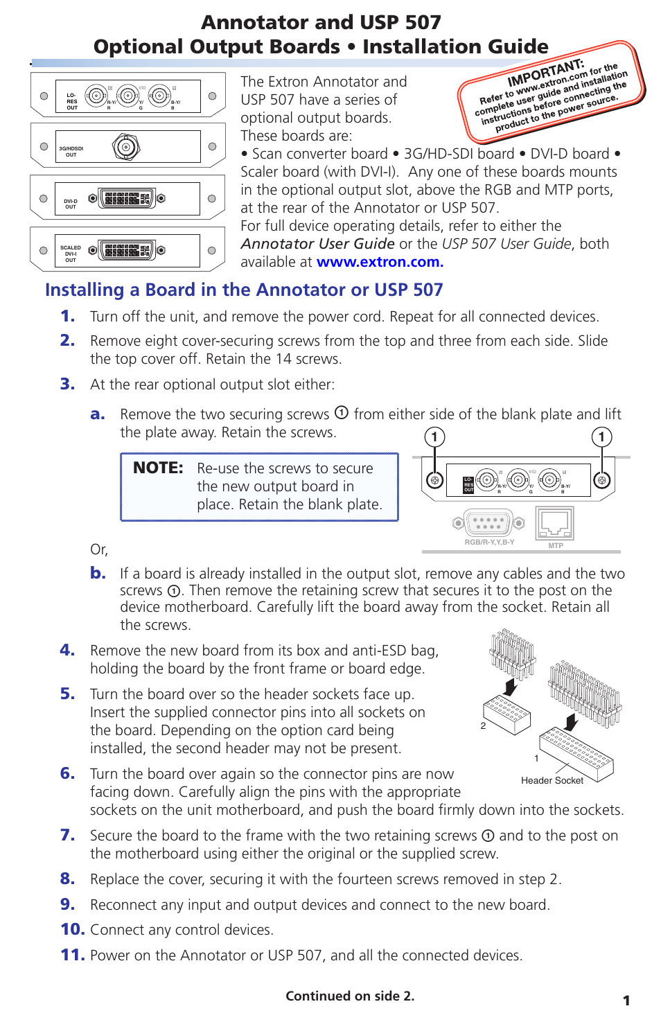 Extron Electronics Annotator and USP 507 Output Boards User Manual | 2 pages