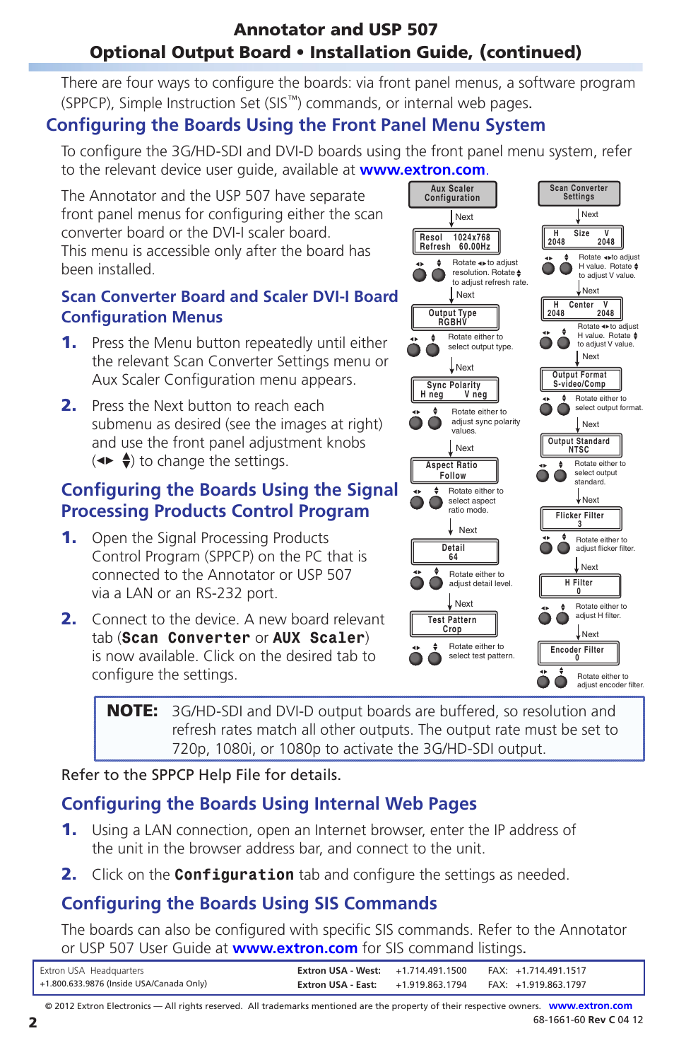 Configuring the boards using internal web pages, Configuring the boards using sis commands, Continued) | Commands, or internal web pages, Refer to the sppcp help file for details | Extron Electronics Annotator and USP 507 Output Boards User Manual | Page 2 / 2