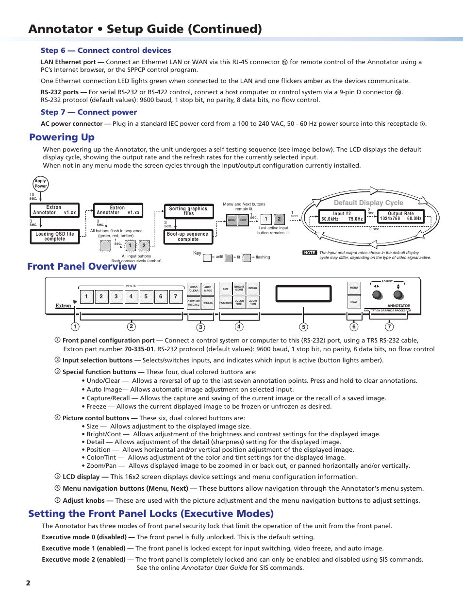 Annotator • setup guide (continued), Powering up, Front panel overview | Setting the front panel locks (executive modes), Step 6 — connect control devices, Step 7 — connect power | Extron Electronics Annotator Setup Guide User Manual | Page 2 / 4