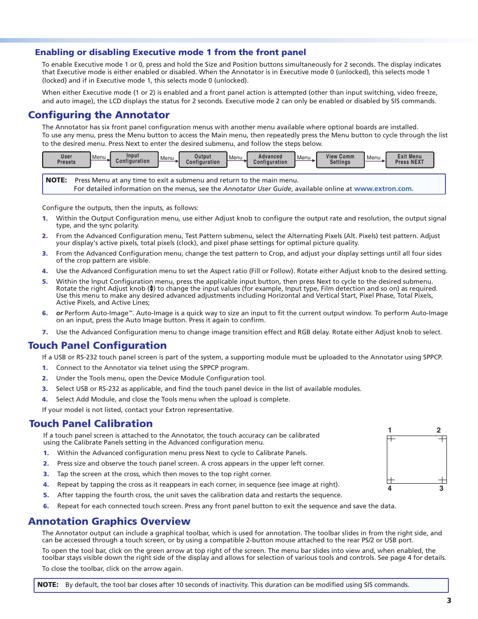 Configuring the annotator, Touch panel configuration, Touch panel calibration | Annotation graphics overview | Extron Electronics Annotator Setup Guide User Manual | Page 3 / 4