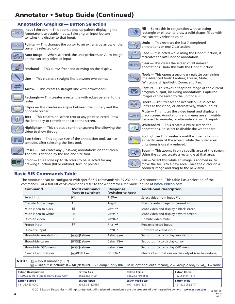 Annotator • setup guide (continued), Basic sis commands table, Annotation graphics — button selection | Extron Electronics Annotator Setup Guide User Manual | Page 4 / 4