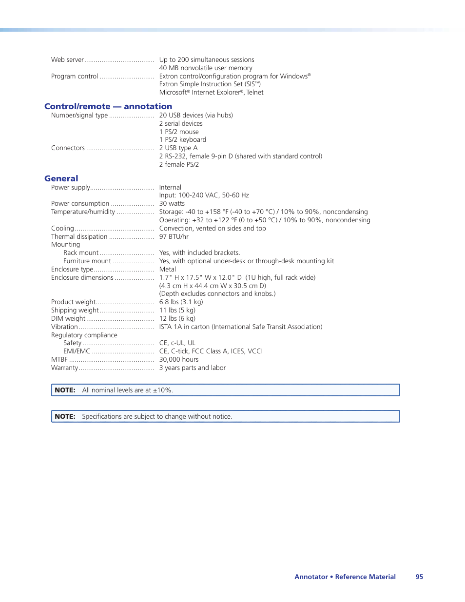 Control/remote — annotation, General | Extron Electronics Annotator User Guide User Manual | Page 101 / 108