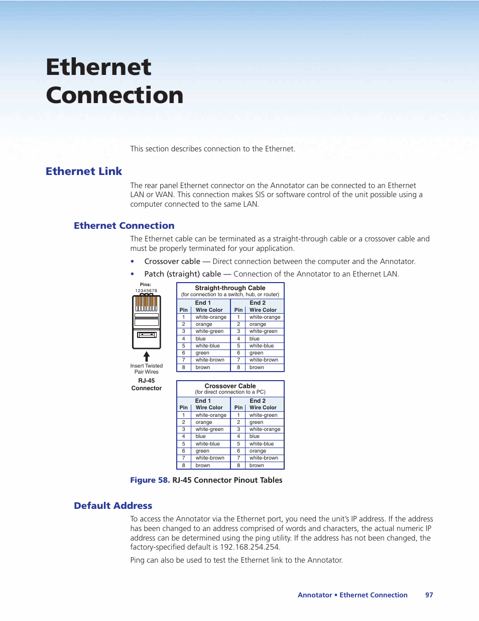 Ethernet connection, Ethernet link, Default address | Ethernet connection default address, Ethernet connection” section, Ethernet connections, Section, Section for, Determined using the ping (icmp) utility (see | Extron Electronics Annotator User Guide User Manual | Page 103 / 108