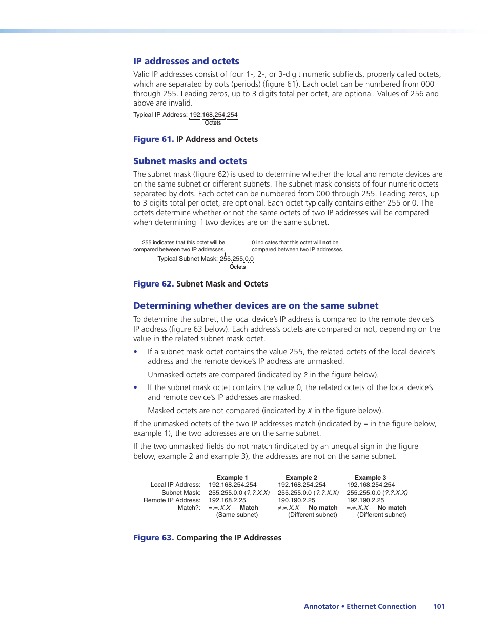 Ip addresses and octets, Subnet masks and octets, Determining whether devices are on the same subnet | Extron Electronics Annotator User Guide User Manual | Page 107 / 108