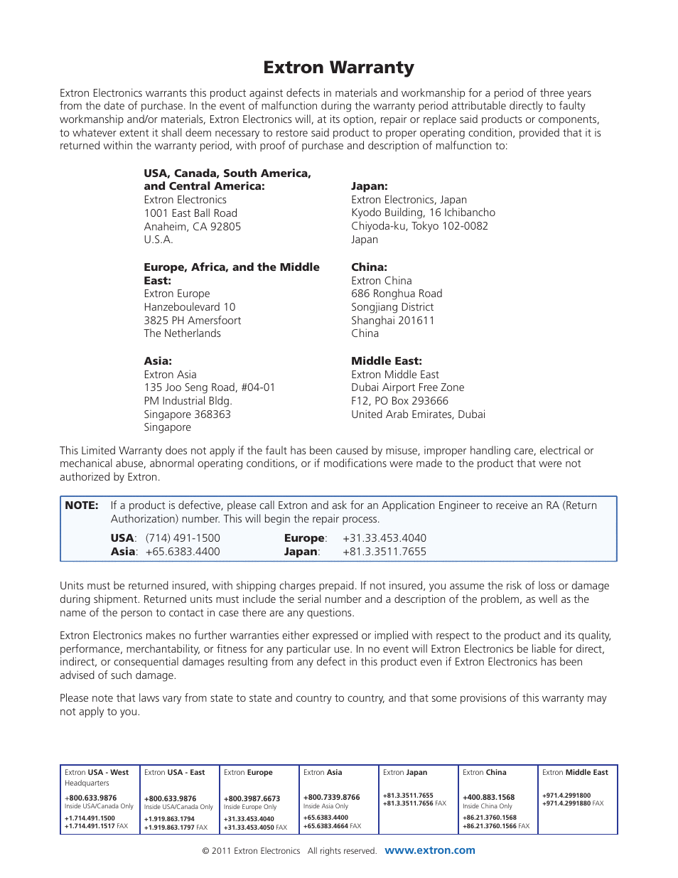 Warranty, Contact information, Extron warranty | Extron Electronics Annotator User Guide User Manual | Page 108 / 108