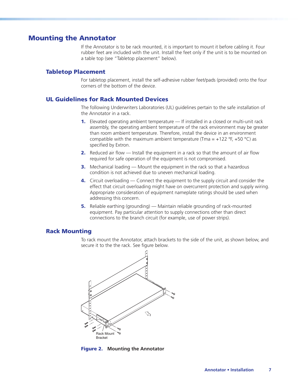 Mounting the annotator, Tabletop placement, Ul guidelines for rack mounted devices | Rack mounting | Extron Electronics Annotator User Guide User Manual | Page 13 / 108
