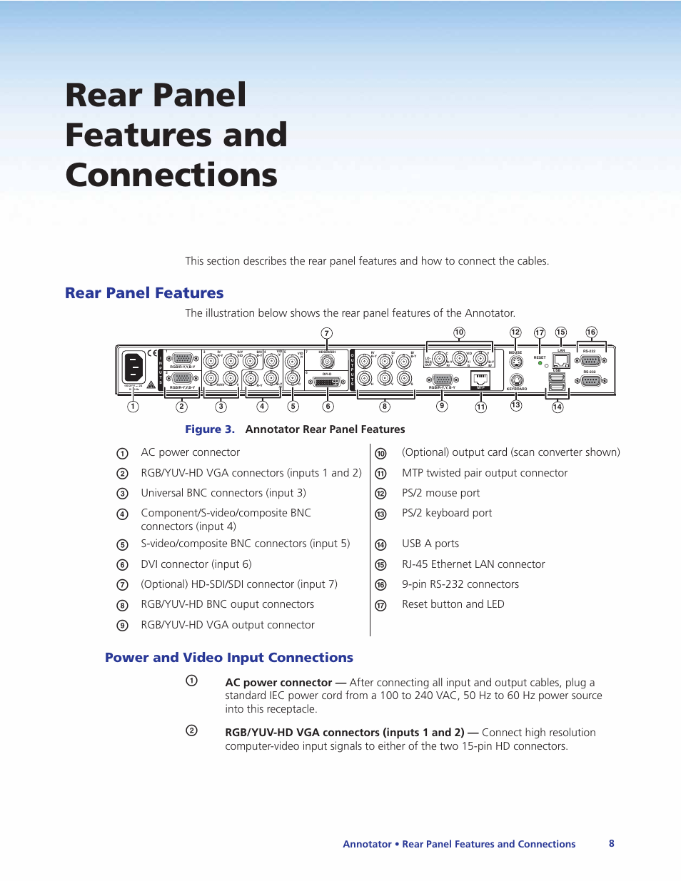 Rear panel features and connections, Rear panel features, Power and video input connections | Figure 3. annotator rear panel features, Ac power connector, Optional) output card (scan converter shown), Rgb/yuv-hd vga connectors (inputs 1 and 2), Mtp twisted pair output connector, Universal bnc connectors (input 3), Ps/2 mouse port | Extron Electronics Annotator User Guide User Manual | Page 14 / 108