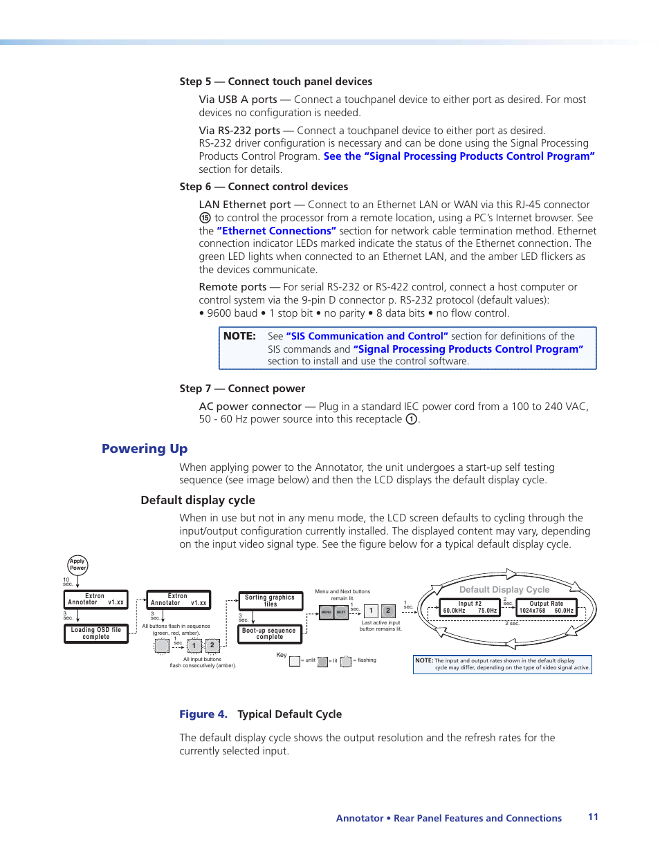 Powering up, Default display cycle, Signal processing products control program | Extron Electronics Annotator User Guide User Manual | Page 17 / 108