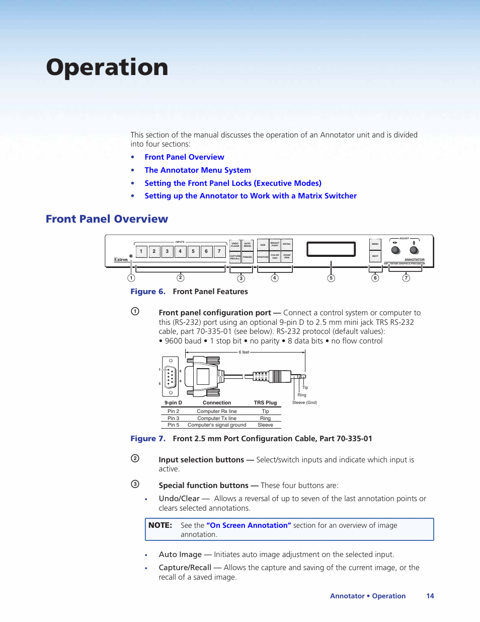 Operation, Front panel overview, Figure 6. front panel features | Special function buttons — these four buttons are | Extron Electronics Annotator User Guide User Manual | Page 20 / 108