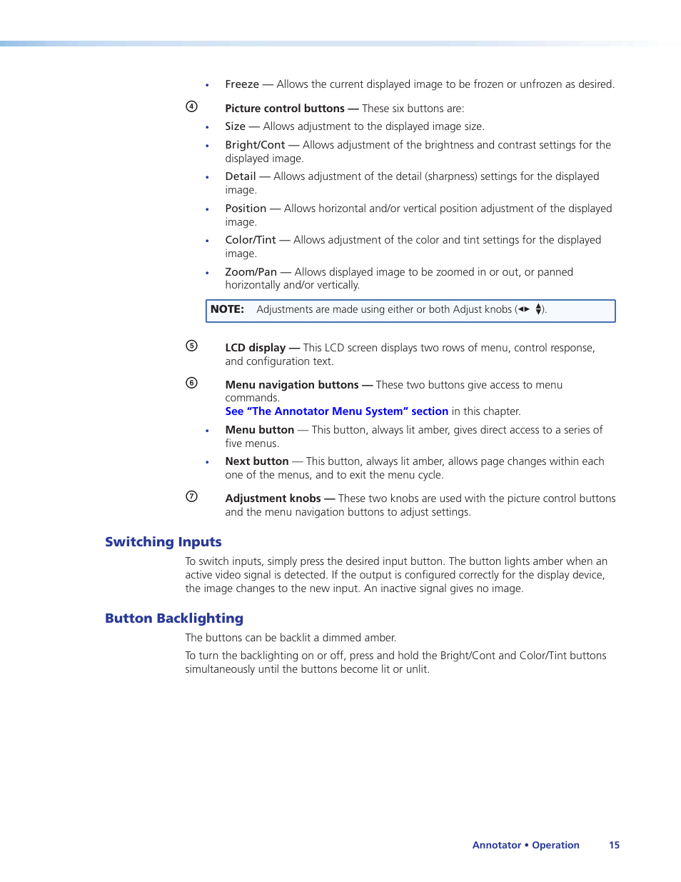 Switching inputs, Button backlighting, Switching inputs button backlighting | Extron Electronics Annotator User Guide User Manual | Page 21 / 108
