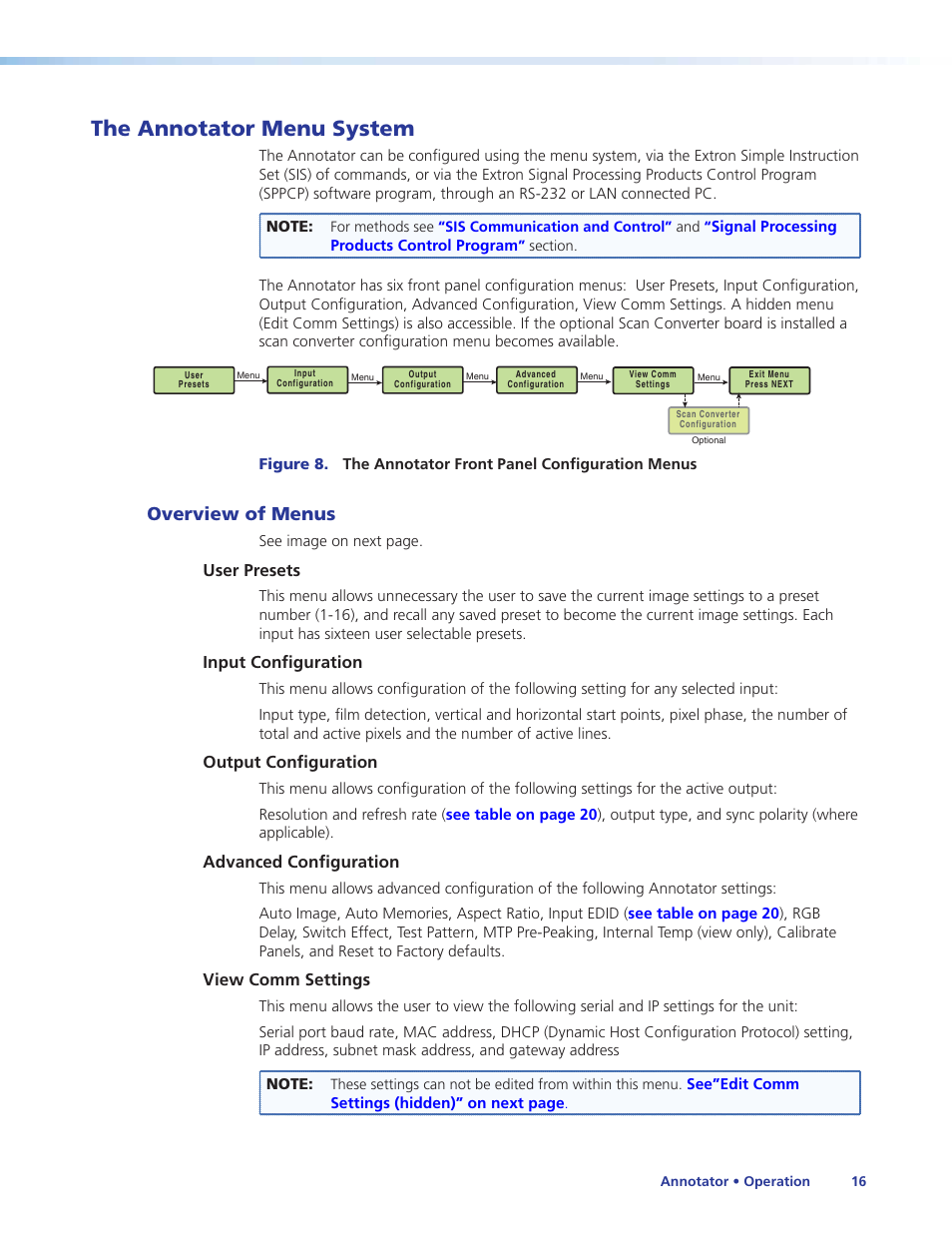 The annotator menu system, Overview of menus, User presets | Input configuration, Output configuration, Advanced configuration, View comm settings | Extron Electronics Annotator User Guide User Manual | Page 22 / 108