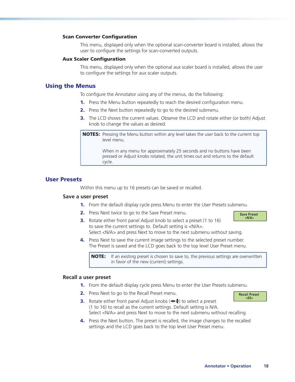 Using the menus, User presets, Using the menus user presets | Extron Electronics Annotator User Guide User Manual | Page 24 / 108