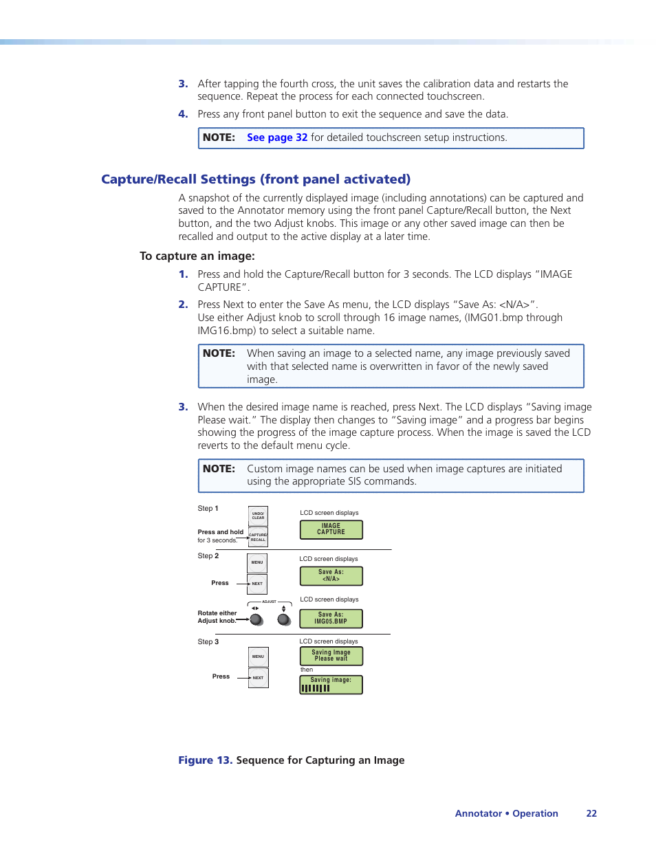 Capture/recall settings (front panel activated), Capture/recall settings (front panel, Activated) | Figure 13. sequence for capturing an image | Extron Electronics Annotator User Guide User Manual | Page 28 / 108