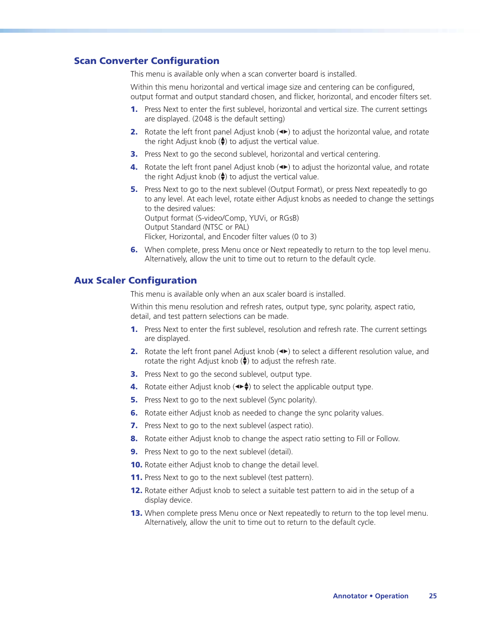 Scan converter configuration, Aux scaler configuration | Extron Electronics Annotator User Guide User Manual | Page 31 / 108