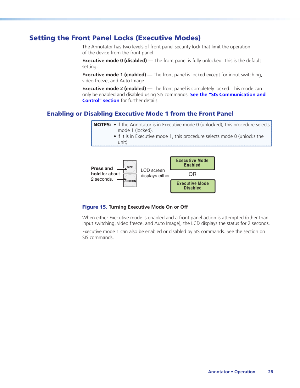 Setting the front panel locks (executive modes), Setting the front panel locks, Executive modes) | Enabling or disabling executive mode 1, From the front panel | Extron Electronics Annotator User Guide User Manual | Page 32 / 108