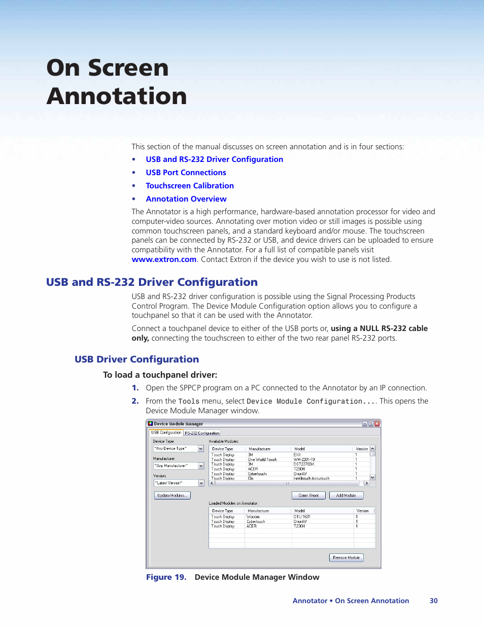 On screen annotation, Usb and rs-232 driver configuration, Usb driver configuration | See the | Extron Electronics Annotator User Guide User Manual | Page 36 / 108