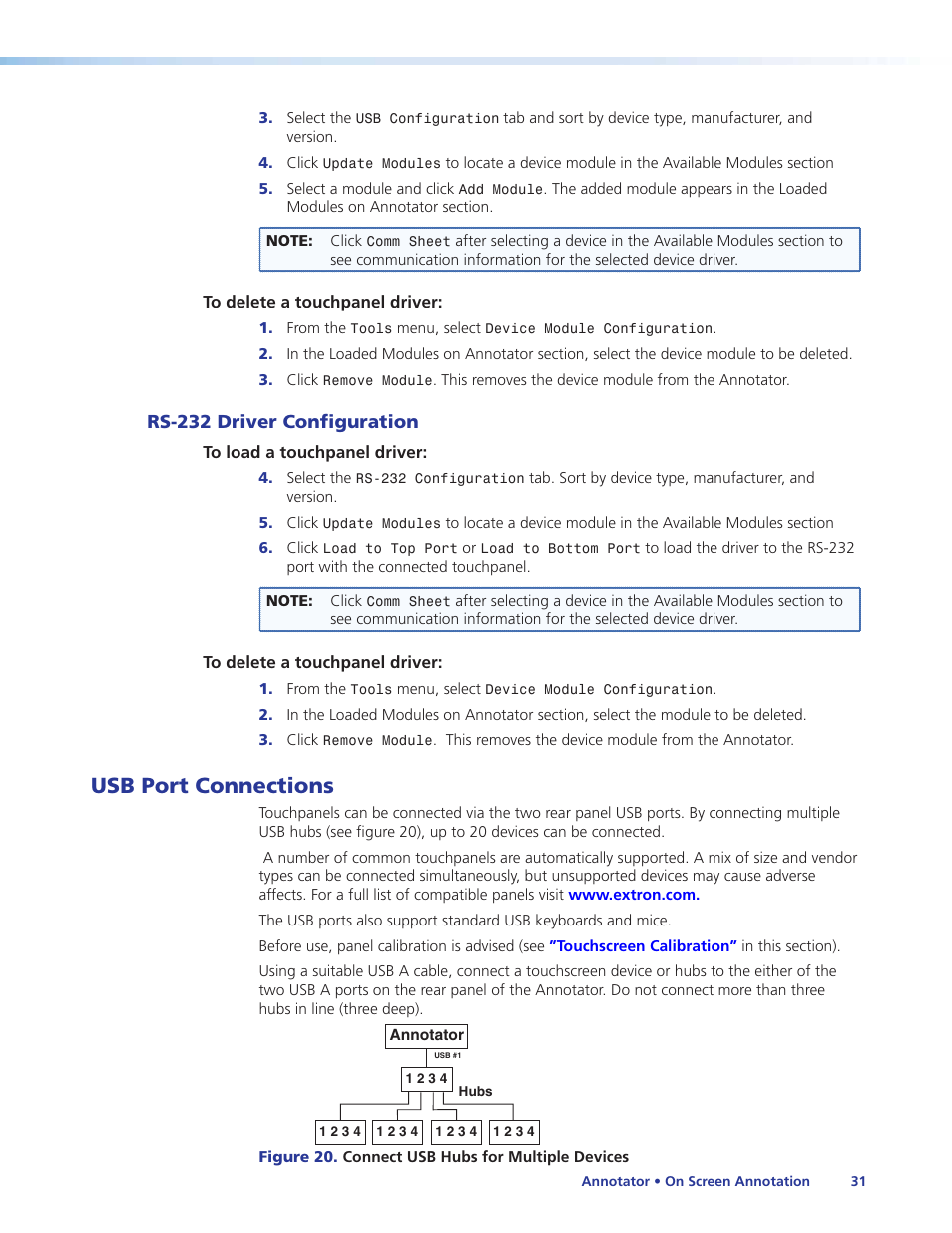 Rs-232 driver configuration, Usb port connections | Extron Electronics Annotator User Guide User Manual | Page 37 / 108