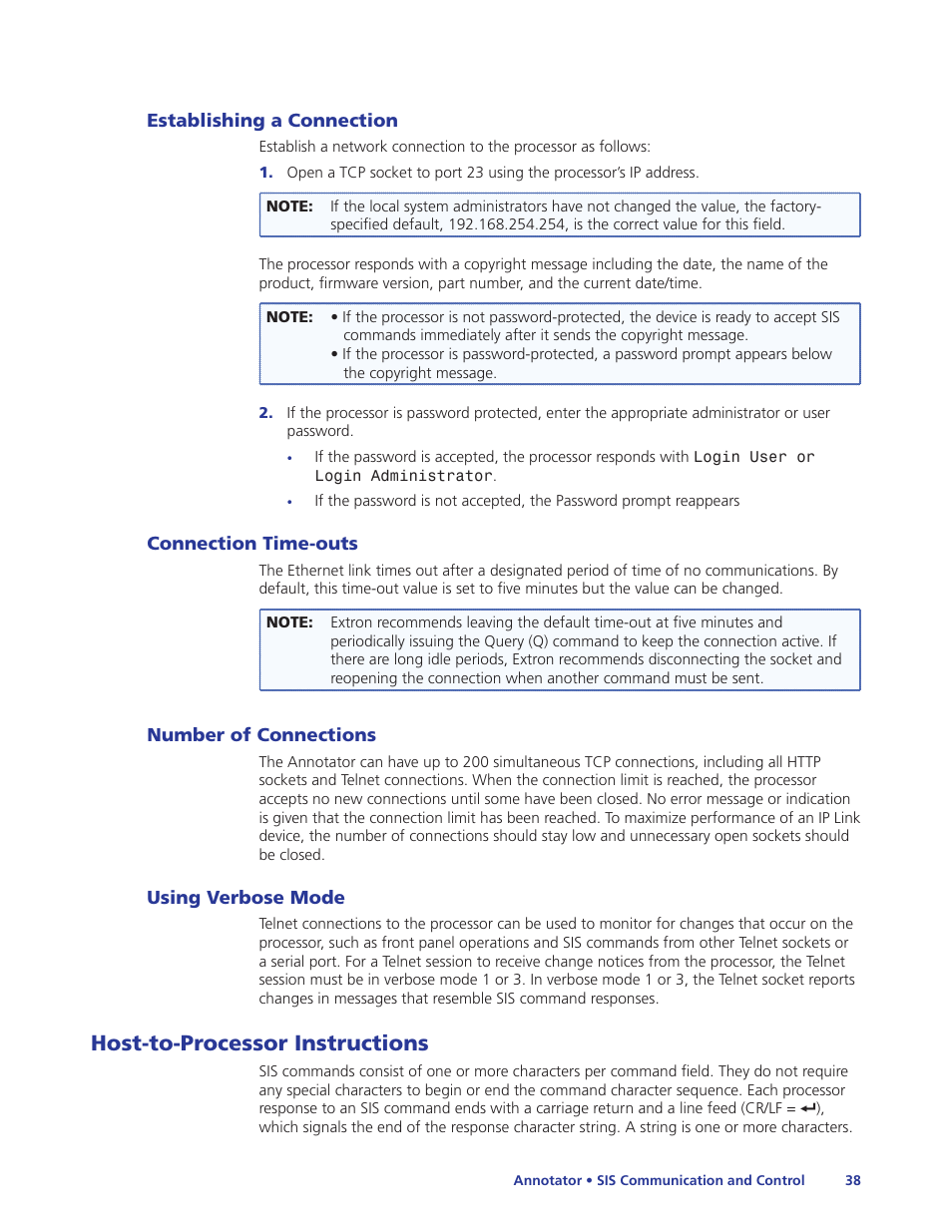 Establishing a connection, Connection time-outs, Number of connections | Using verbose mode, Host-to-processor instructions | Extron Electronics Annotator User Guide User Manual | Page 44 / 108
