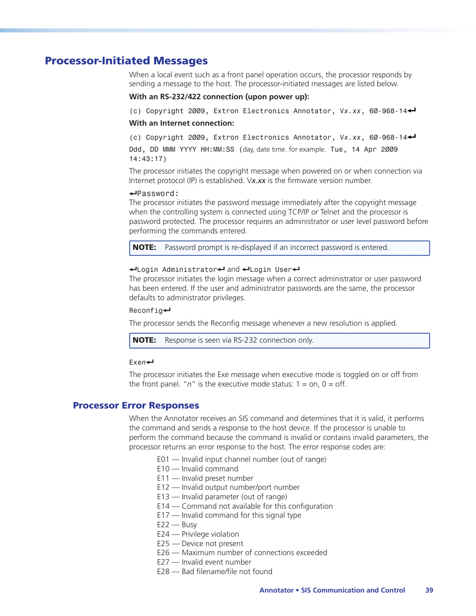 Processor-initiated messages, Processor error responses | Extron Electronics Annotator User Guide User Manual | Page 45 / 108