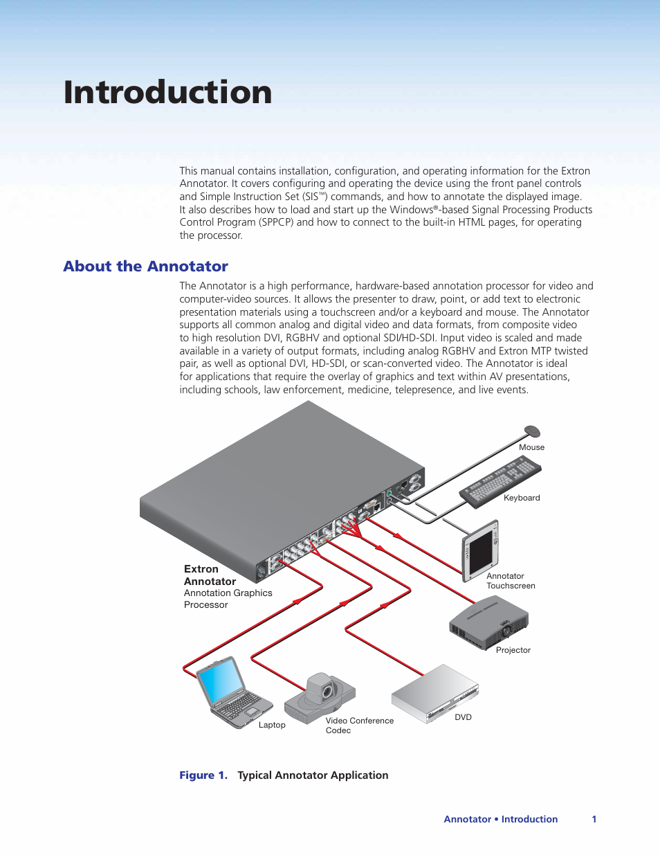 Introduction, About the annotator, Extron annotator | Figure 1. typical annotator application, B-y /c vid /y vid /y, Dvi- d, Dv i ou t, Annotator • introduction 1 | Extron Electronics Annotator User Guide User Manual | Page 7 / 108