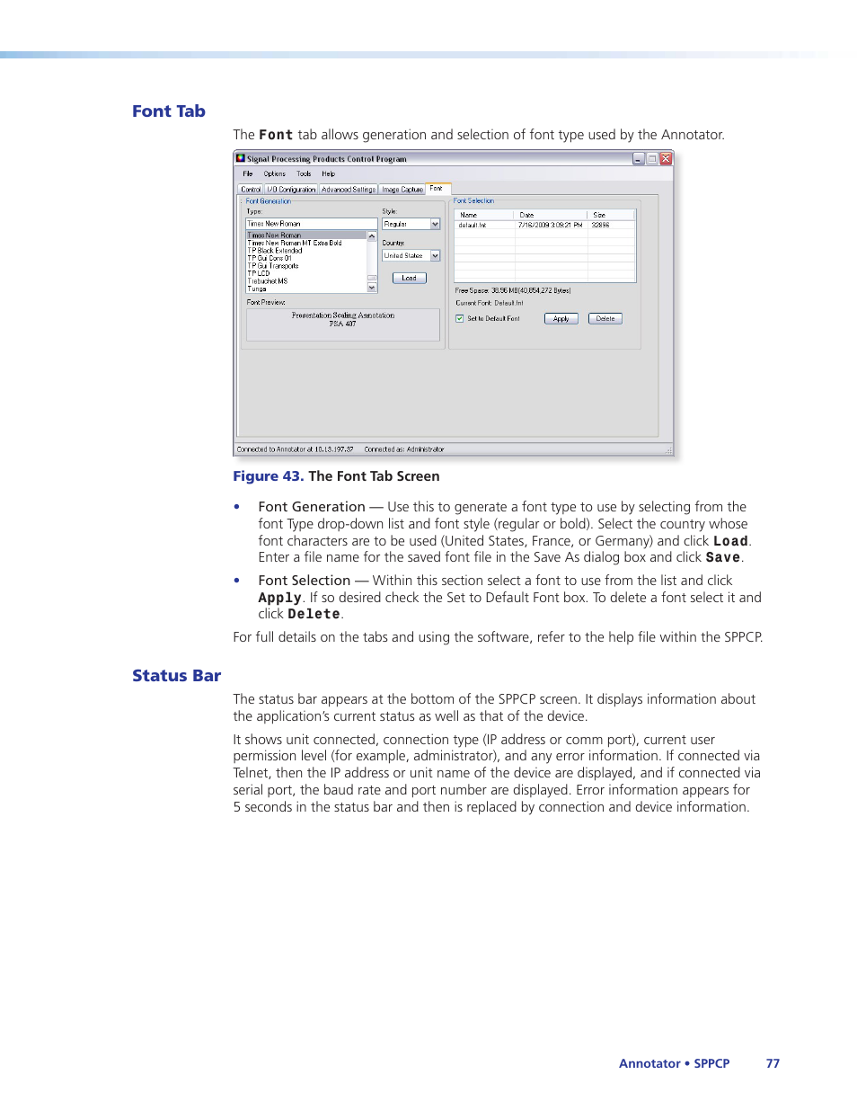 Font tab, Status bar, Font tab status bar | Extron Electronics Annotator User Guide User Manual | Page 83 / 108